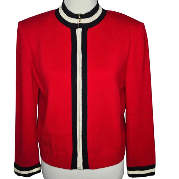 St John Collection Vintage Cardigan Sweater Santana Knit Red Zip Medium Show - Picture 1 of 10
